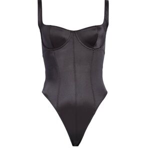 Skims Stretch Satin Corset Bodysuit Size 3X 20 22 Onyx Black Underwire Thong NWT